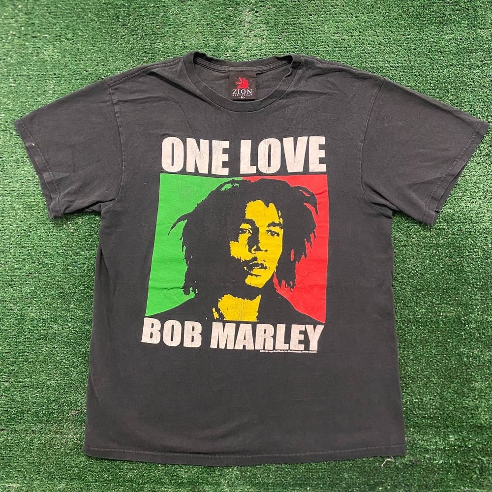 Vintage Y2K Bob Marley One Love T-Shirt Zion Rootswear Reggae Faded Black Boxy